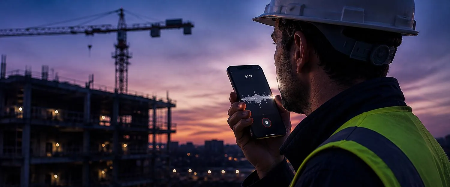 Trabajador de construcción grabando una muestra de voz con su teléfono, con una obra al atardecer de fondo